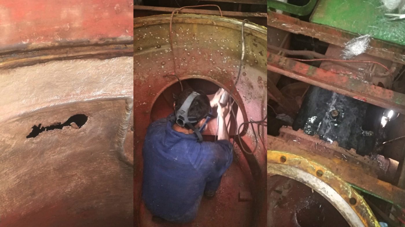 Repairing vessel's sea water pipe in confined interior place